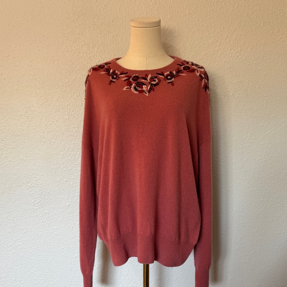 Sofia Cashmere Floral Embroidered & Beaded Cashmere Sweater size XL